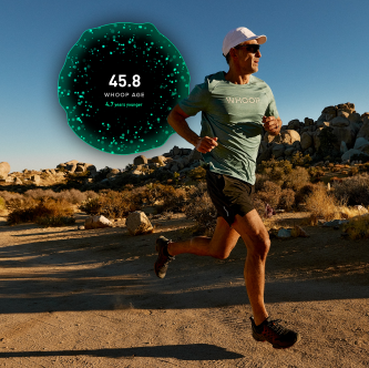 Person running on a trail with a digital display overlay showing a heart rate of 45.8.